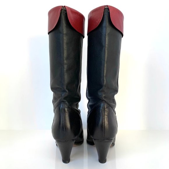 Vintage Custom-made black leather w/red cuffs below the knee high heeled boots - Picture 2 of 9